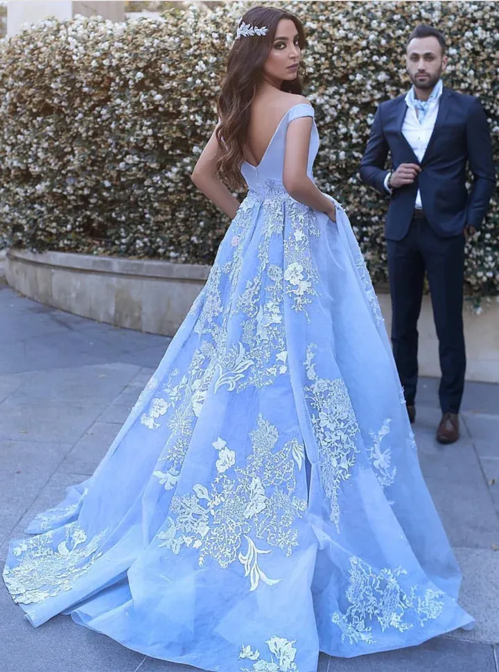 Off the Shoulder Blue Prom Dresses 2024 Lace A Line Evening Gowns