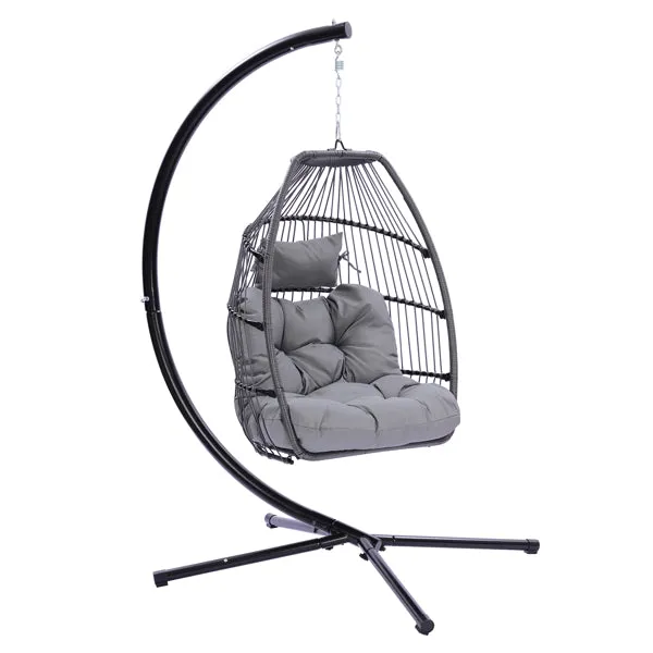 Outdoor Patio Wicker Folding Hanging Chair,Rattan Swing Hammock Egg Chair With C Type Bracket, With Cushion And Pillow