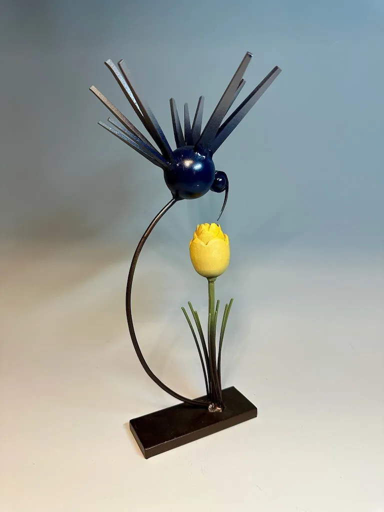 "BIRDS OF A FEATHER WITH YELLOW TULIP" HAND FORGED METAL SCULPTURE