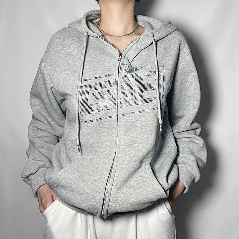 Rhinestone Zip Up Oversized Hoodies Indie Aesthetics Letter Graphic Long Sleeve Sweatshirts