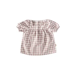 Short-Sleeved Puffy Blouse - Gingham Lavender