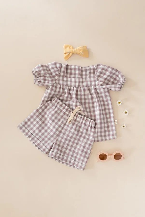 Short-Sleeved Puffy Blouse - Gingham Lavender