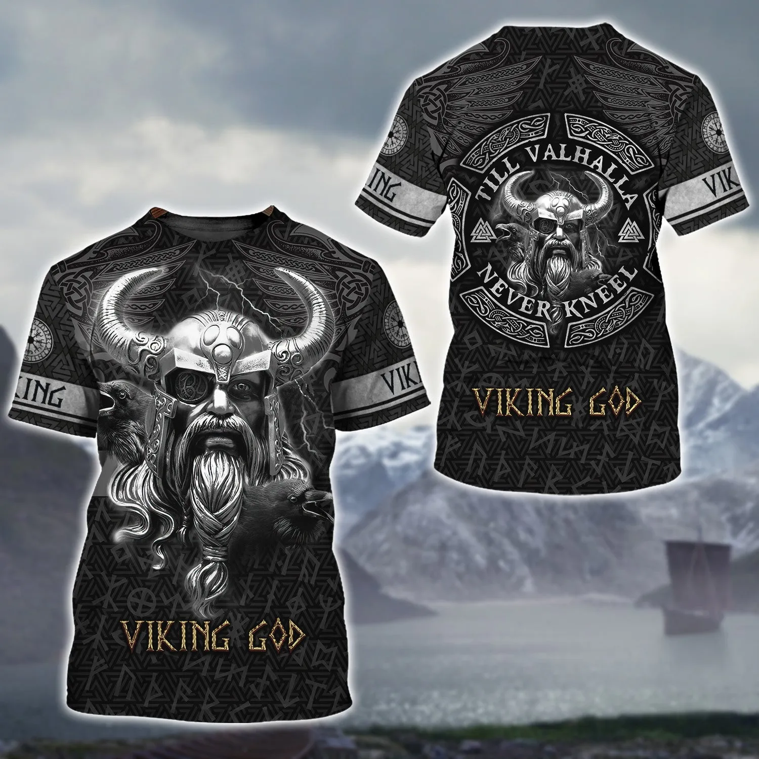 Skull Viking Tattoo Style 3D All Over Printed Warrior Raven Nordic Tattoo Tshirt Viking Gifts for Men/Women