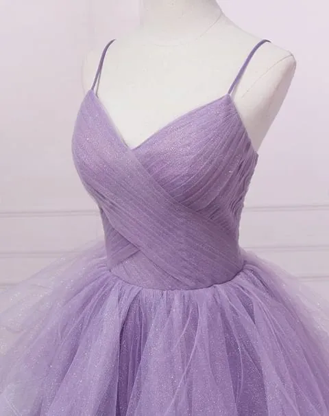 Sparkly Purple Evening Dresses Spaghetti Straps A Line Tulle Prom Dresses