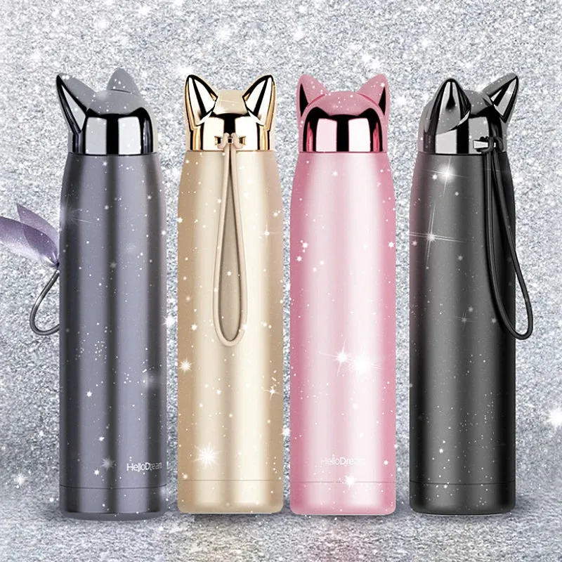 Stainless Steel Thermos with Cat Ears Design Thermocup Insulated Tumbler Vacuum Flask Thermos Coffee Mug Travel Bottle