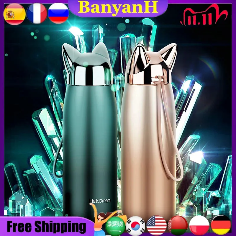 Stainless Steel Thermos with Cat Ears Design Thermocup Insulated Tumbler Vacuum Flask Thermos Coffee Mug Travel Bottle
