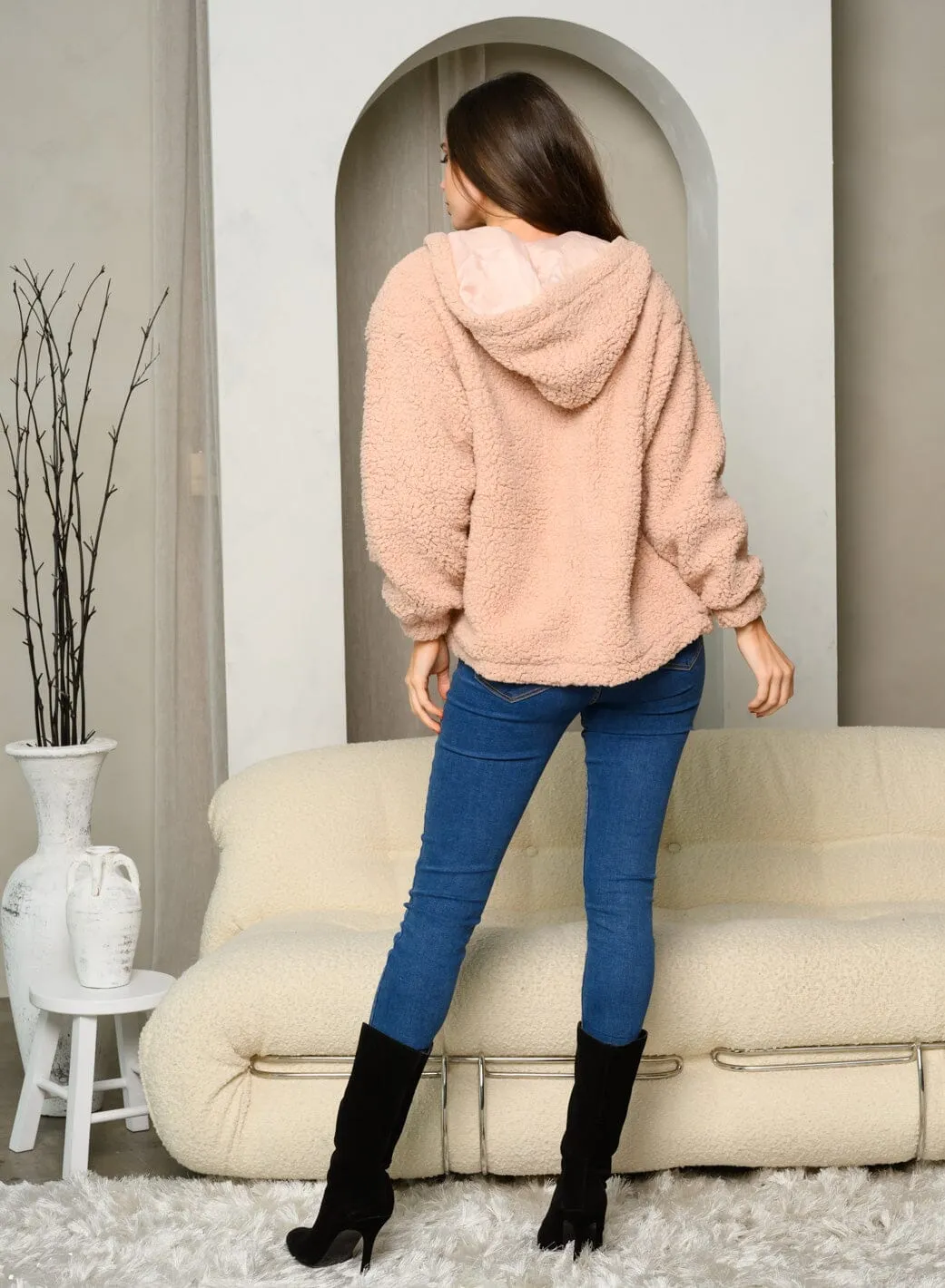 WOMEN'S TEDDY FRONT POCKETS ZIP UP HOODIE JACKET