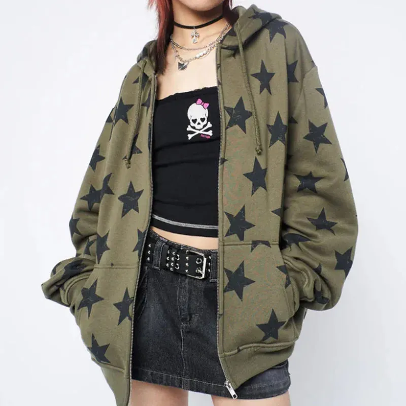 Y2K Vintage Star Oversized Zip-Up Hoodie – Harajuku Goth Streetwear Sweatshirt