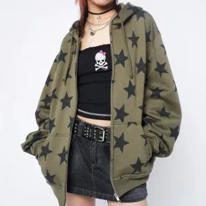 Y2K Vintage Star Oversized Zip-Up Hoodie – Harajuku Goth Streetwear Sweatshirt