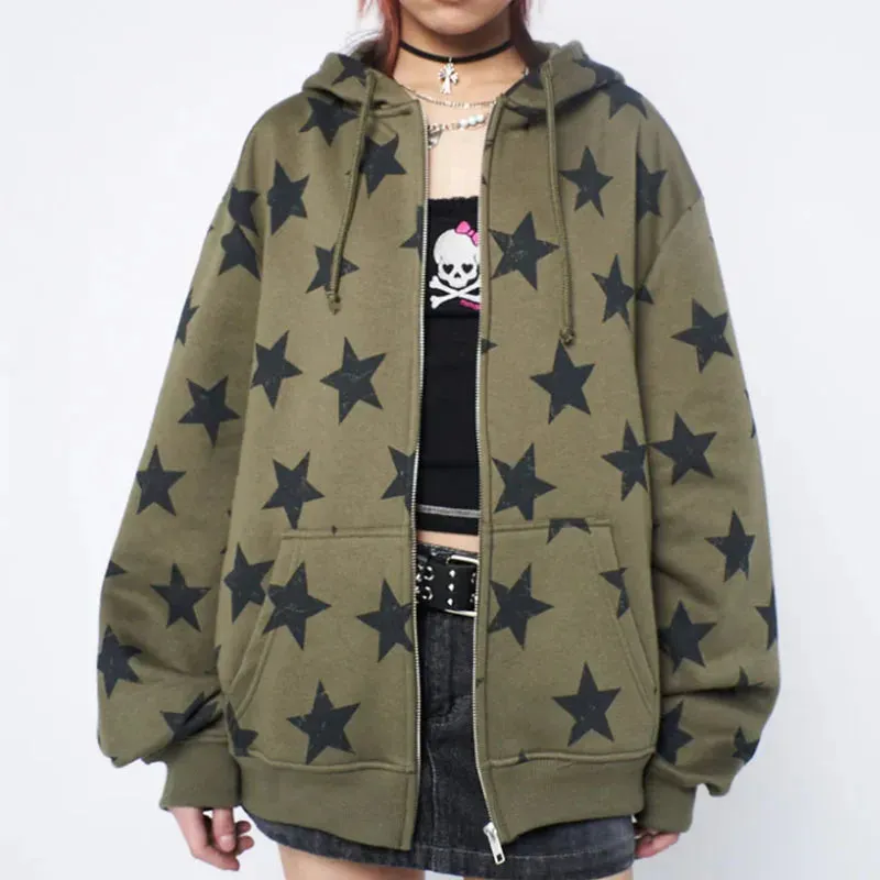 Y2K Vintage Star Oversized Zip-Up Hoodie – Harajuku Goth Streetwear Sweatshirt