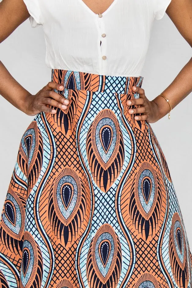 Yemi - Long Maxi skirt in Turquoise and orange